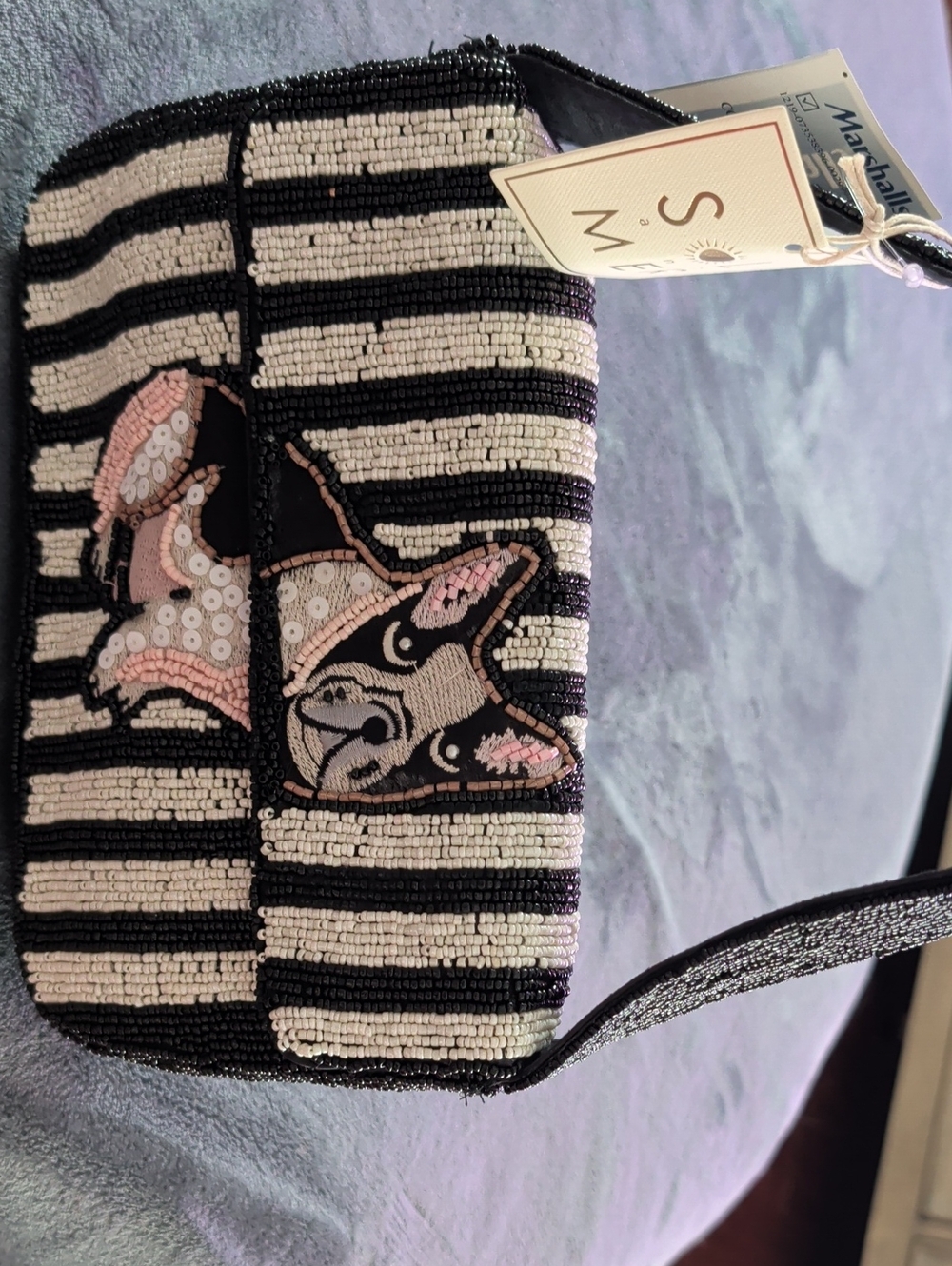 Sequin Beaded Black & White Striped Bag with Pink Dog Accent